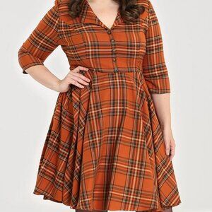 Hell Bunny - HTF Tawny Mid Dress (Size 2X) - Orange/Brown Tartan Plaid